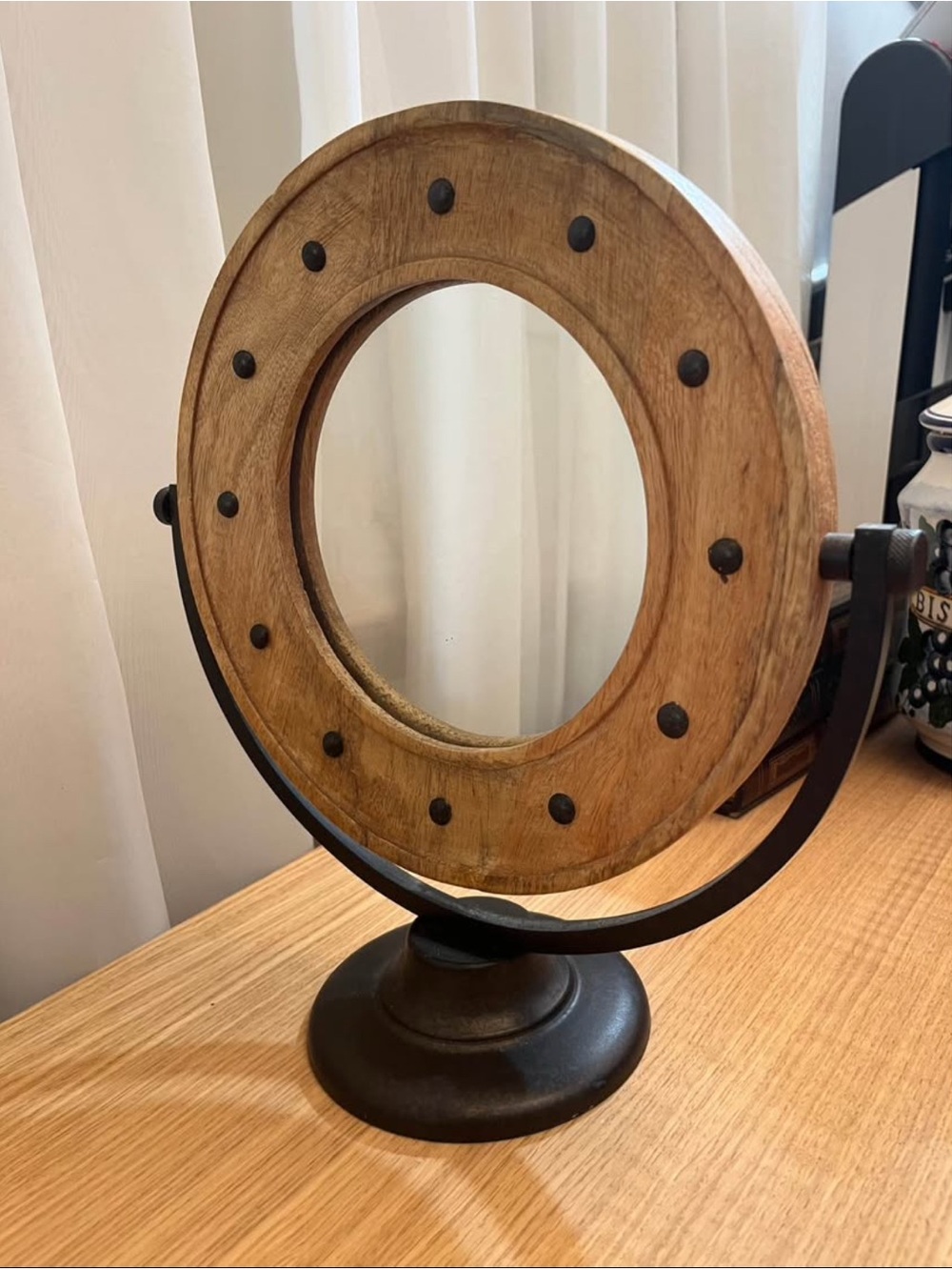Wood-Framed Round Rustic Table Mirror with Dark Metal Base